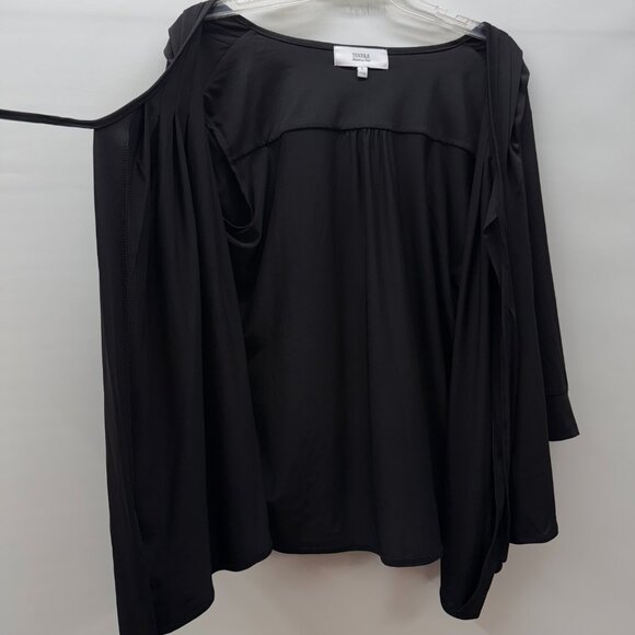 Textile Elizabeth James Size L Pleated Open-Front Tie Neck Cardigan Top Black - Picture 6 of 8